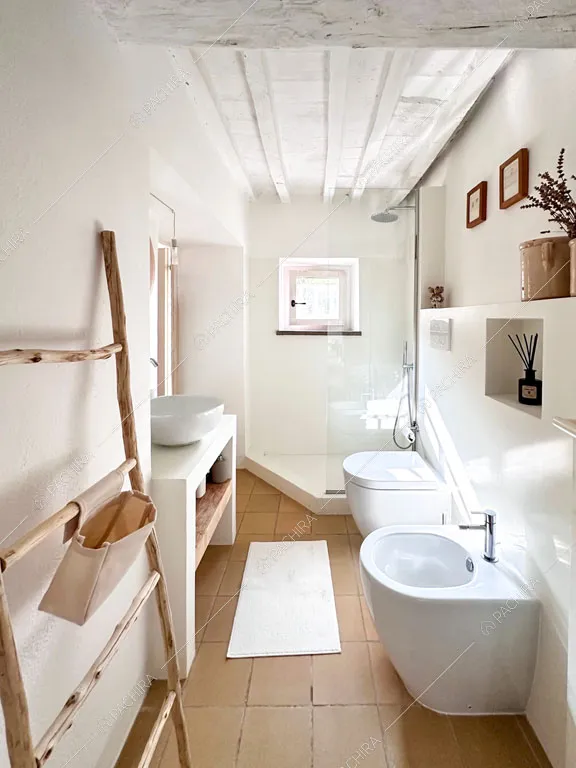 Luminoso bagno con pareti e soffitto bianchi e box doccia