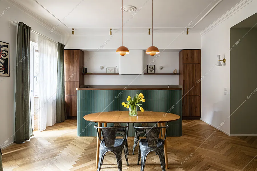 Cucina a vista dell'appartamento moderno Jilò, location per shooting a Roma