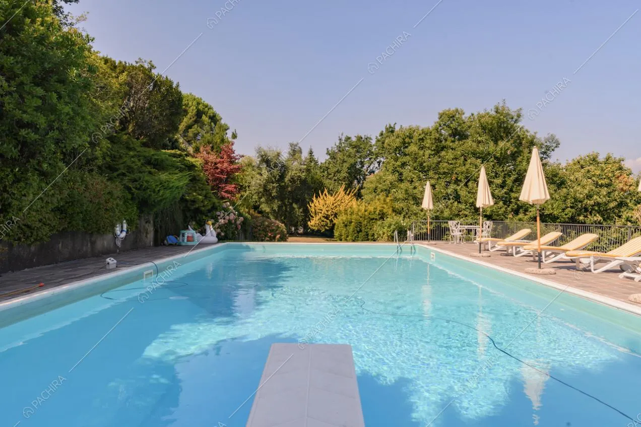 Piscina con trampolino, ombrelloni e lettini da giardino