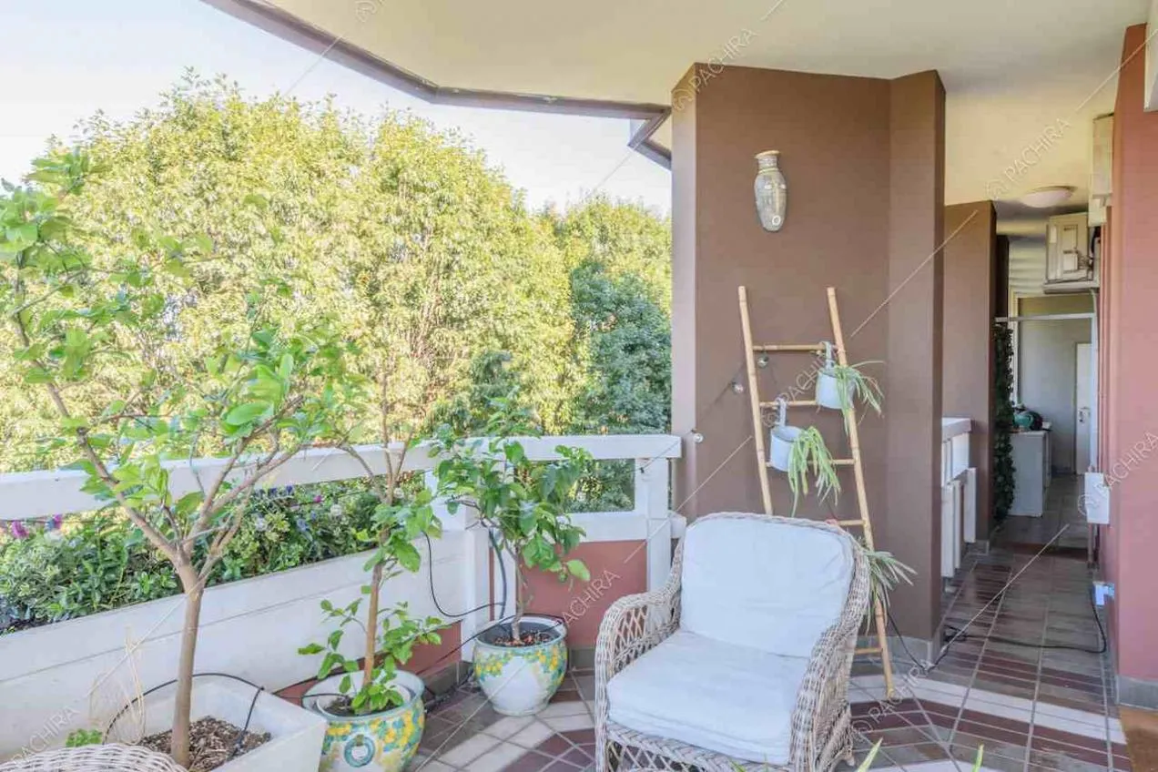 Terrazza con pareti marroni e parapetto bianco
