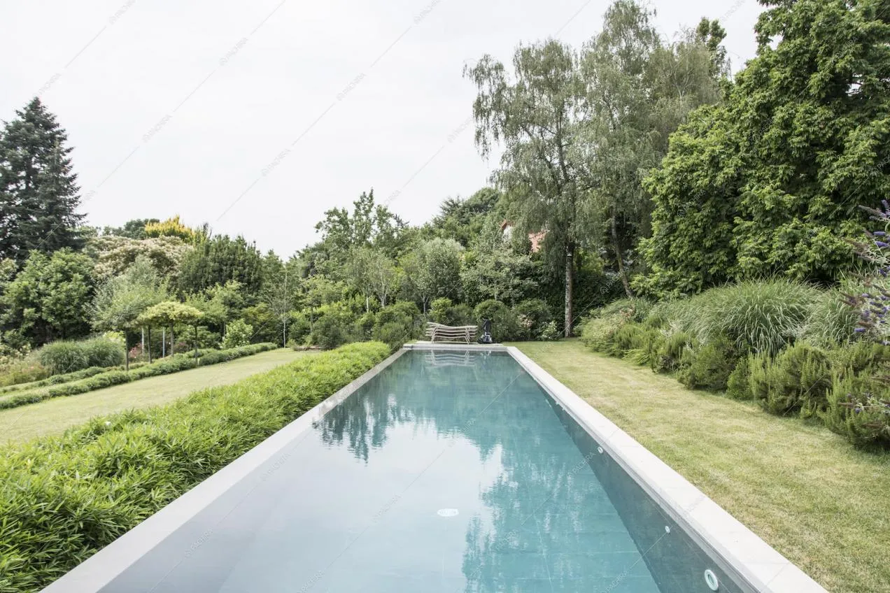 Folta vegetazione intorno alla grande piscina nel giardino