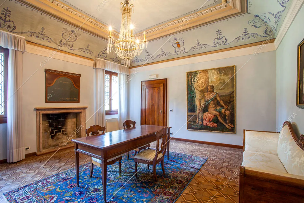 Salotto con soffitto affrescato con boiserie, camino e pavimento in parquet