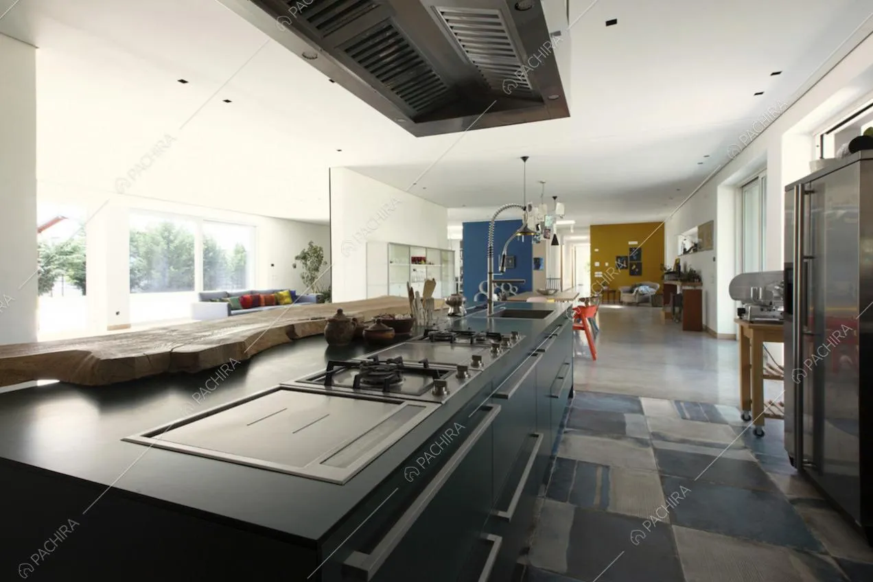Piano cottura e frigorifero metallizzato nella cucina a vista