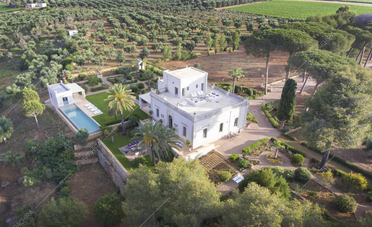 Vista dall'alto su piscina, giardino e terrazza della location