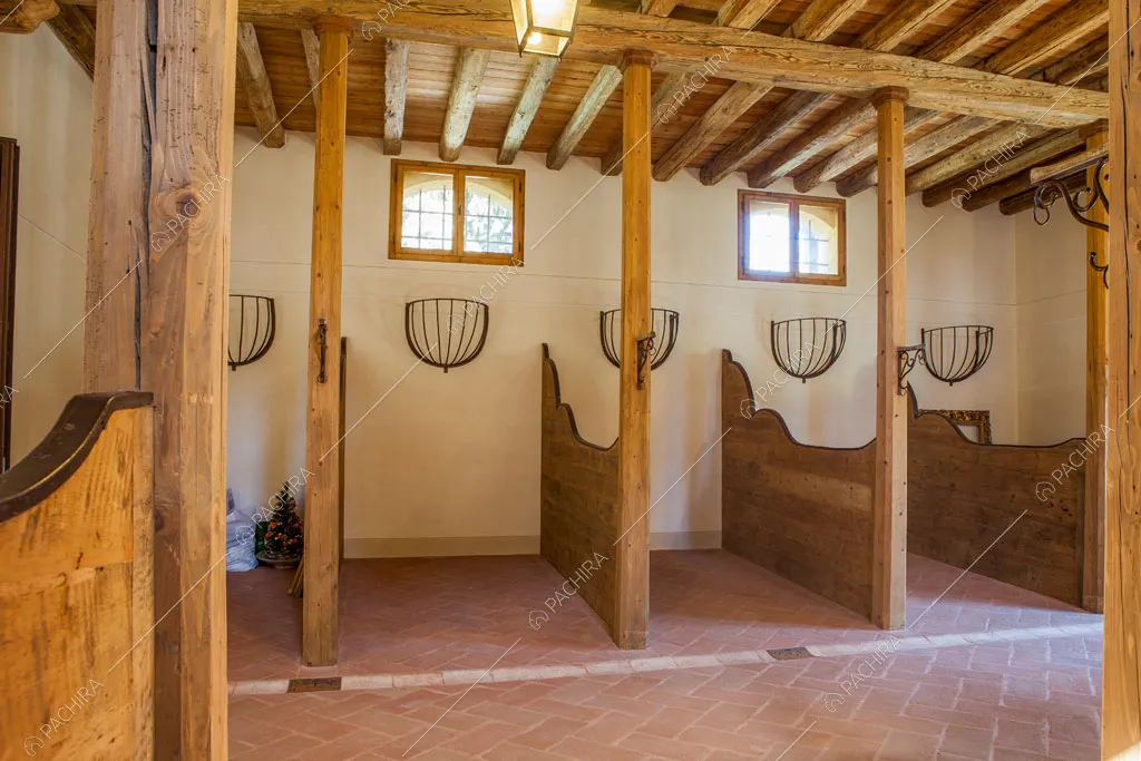 Ex stalla per cavalli con pavimento in cotto e soffitto in travi in legno a vista