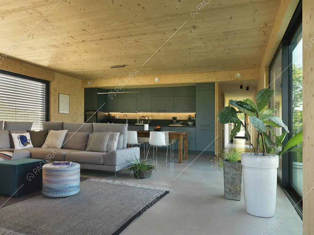 Luminosa zona living con divano grigio, vetrate e cucina a parete