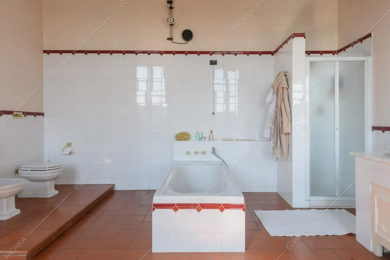 Vasca e box doccia nel luminoso bagno con pavimento in piastrelle rosse
