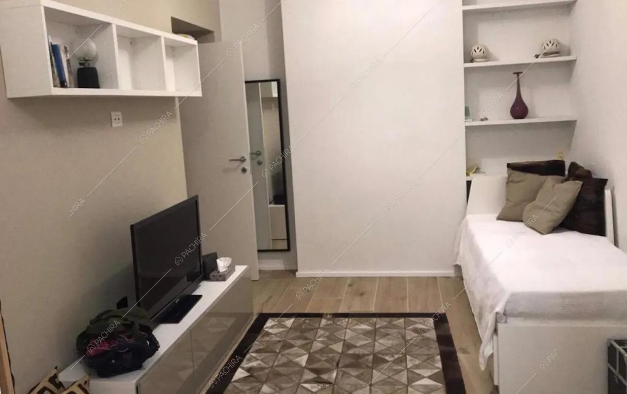 Locale con divano letto, mensole e tappeto sul parquet