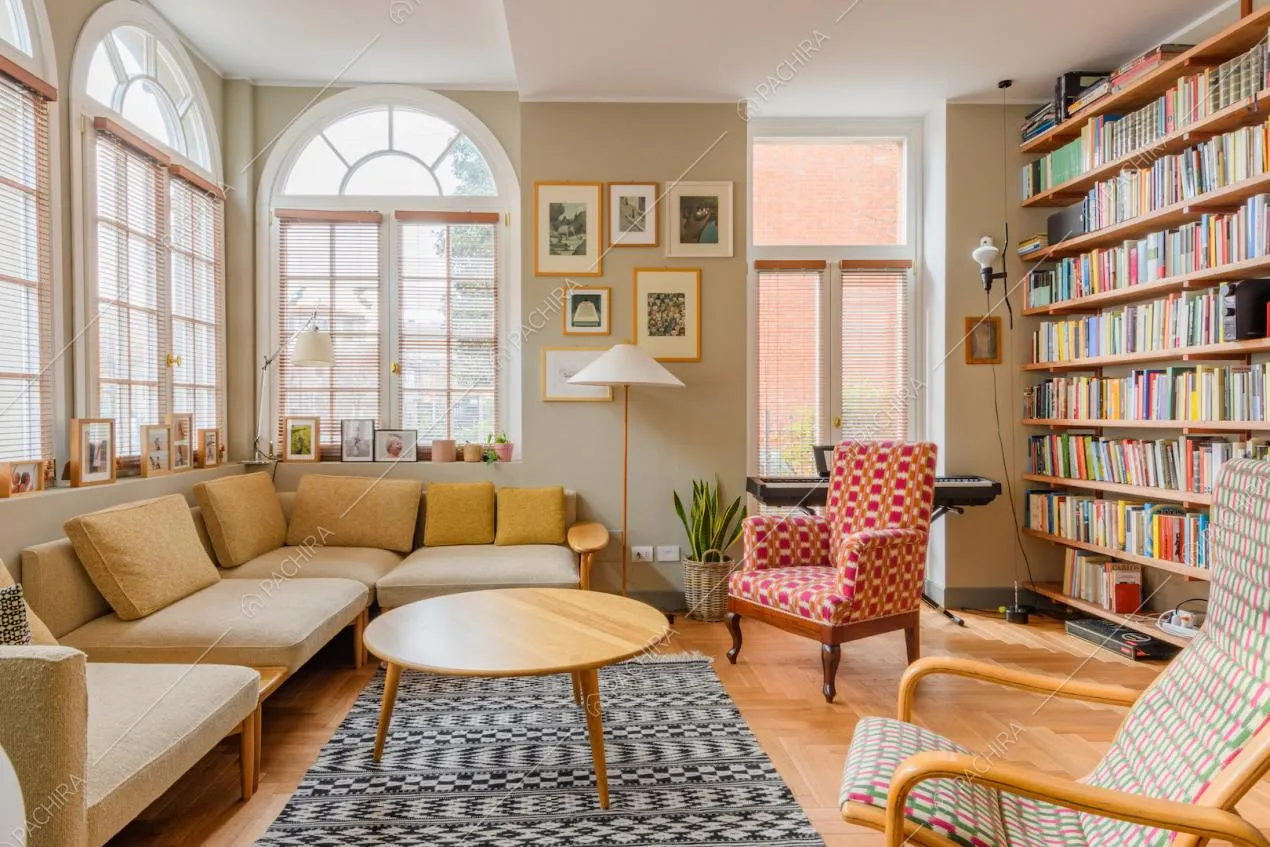 Luminoso salotto con pareti beige, libreria e pavimento in parquet a spina di pesce