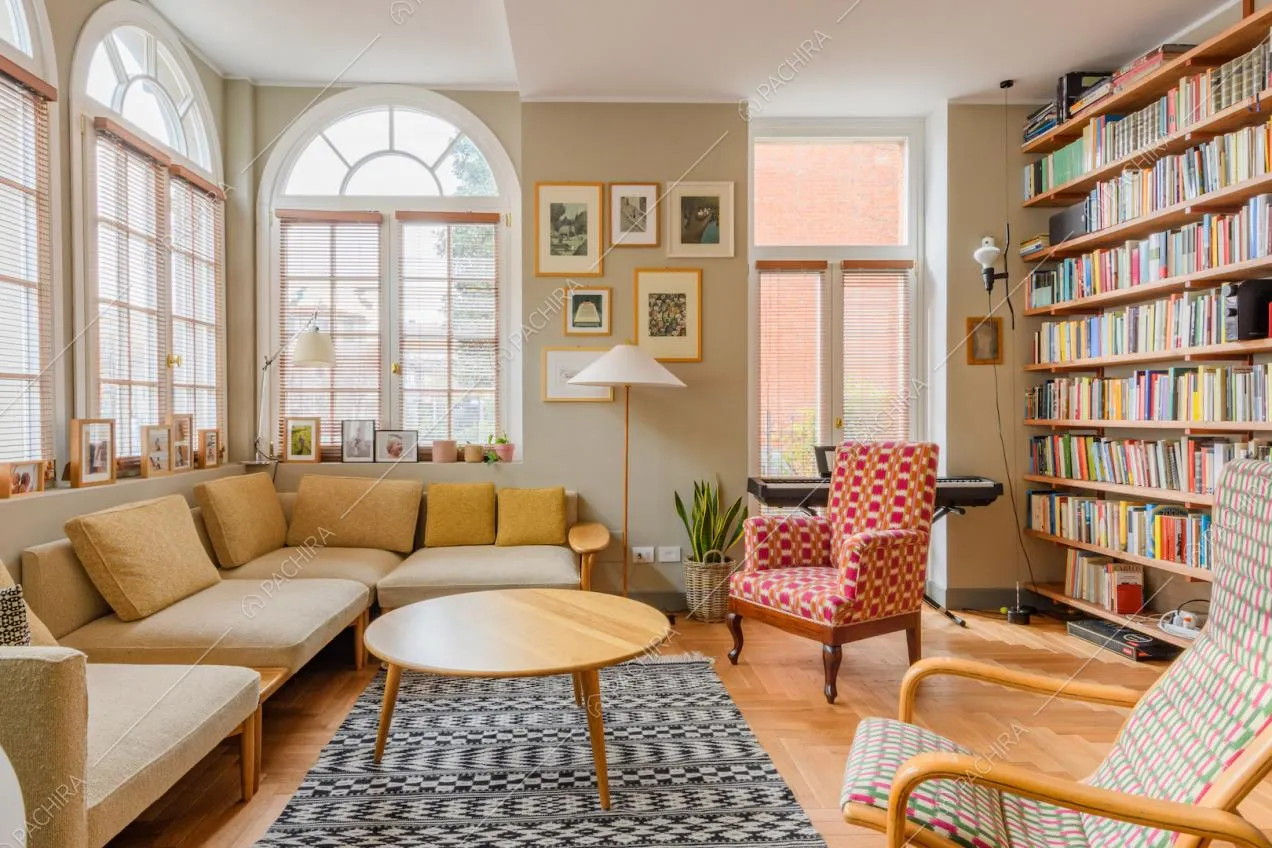 Luminoso salotto con pareti beige, libreria e pavimento in parquet a spina di pesce