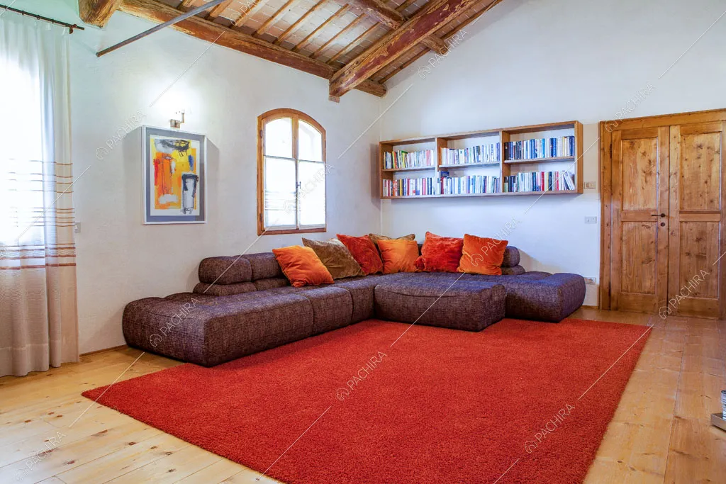 Divano viola nella sala con pavimento in parquet, pareti bianche e travi in legno a vista sul soffitto