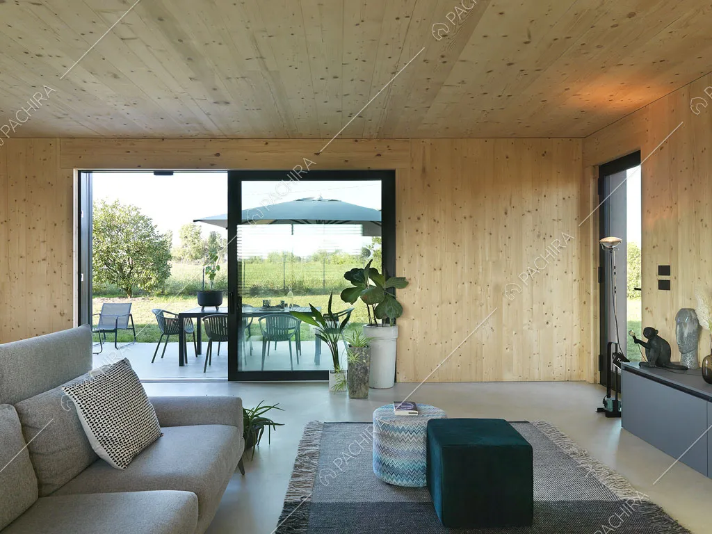 Dalla zona living con pareti e soffitto in legno, vista sul giardino tramite la porta-finestra
