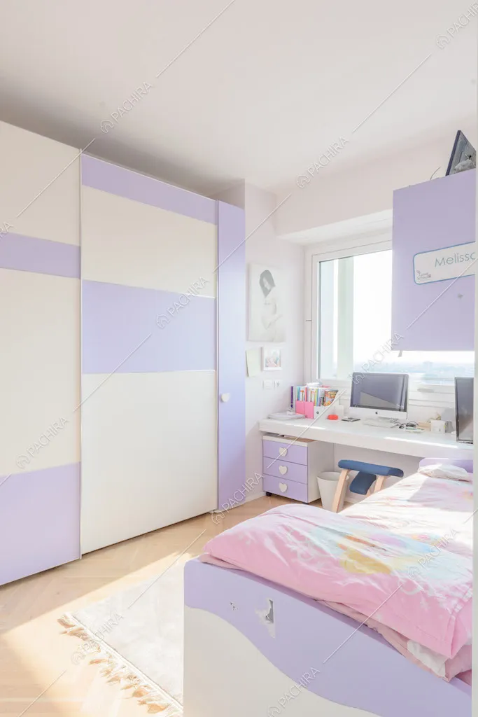 Camera da letto dei bambini con armadio a muro e pavimento in parquet
