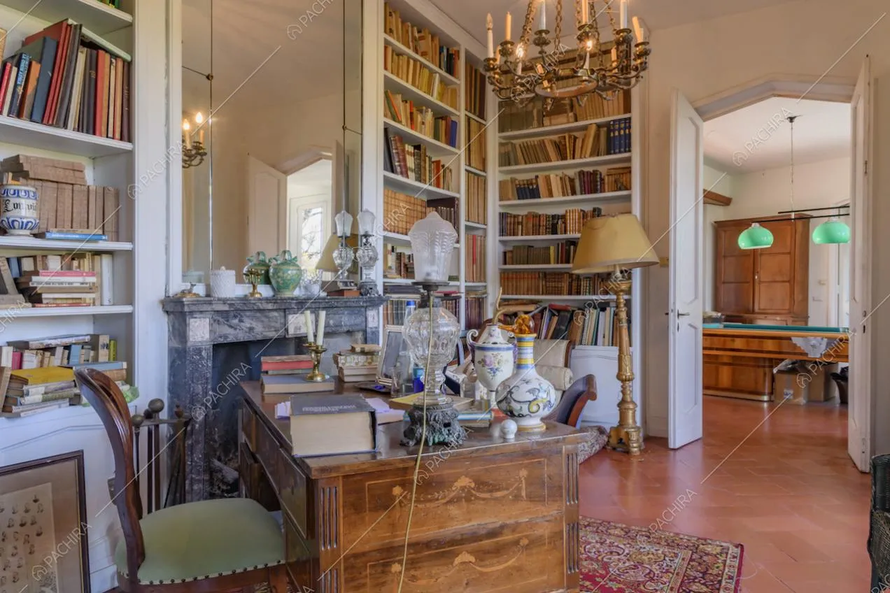 Biblioteca dall'arredamento classico, con camino e lampadario antico